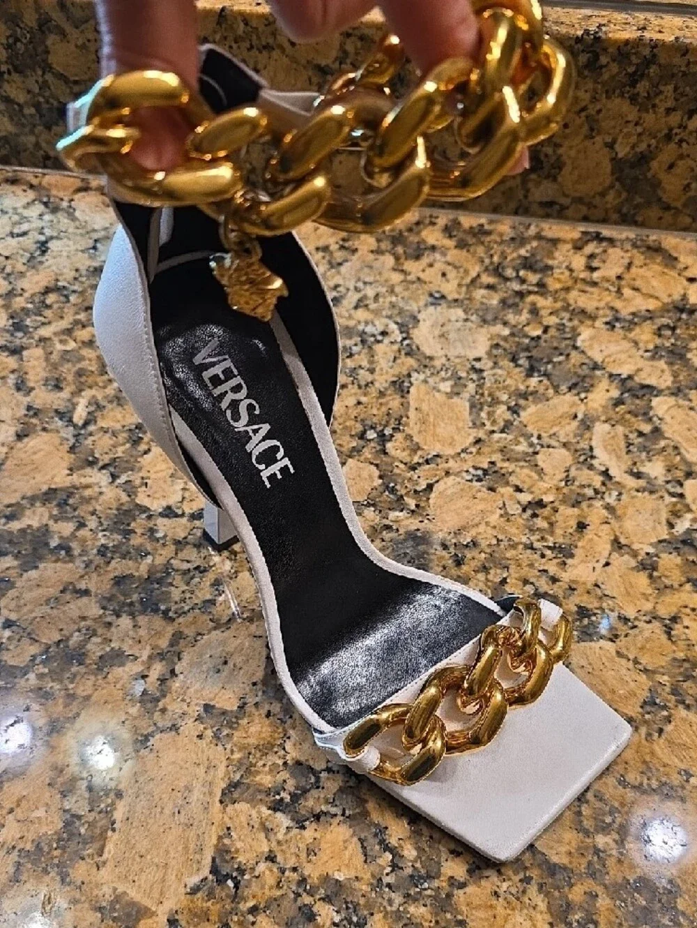 Versace White Heeled Sandals with Gold Chain Accents - Picture 10 of 12